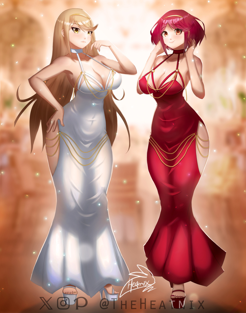2girls absurdres backless_dress backless_outfit bare_shoulders blonde_hair breasts chain cocktail_dress criss-cross_back-straps dress evening_gown gold_chain halter_dress halterneck highres hip_vent large_breasts long_hair low_neckline meme meme_attire modakawa_dress multiple_girls mythra_(xenoblade) nail_polish o-ring_dress open_clothes open_dress pyra_(xenoblade) red_dress red_eyes red_hair scoop_neck short_hair smile swept_bangs taut_clothes taut_dress theheatnix tight_clothes tight_dress very_long_hair white_dress xenoblade_chronicles_(series) xenoblade_chronicles_2 yellow_eyes