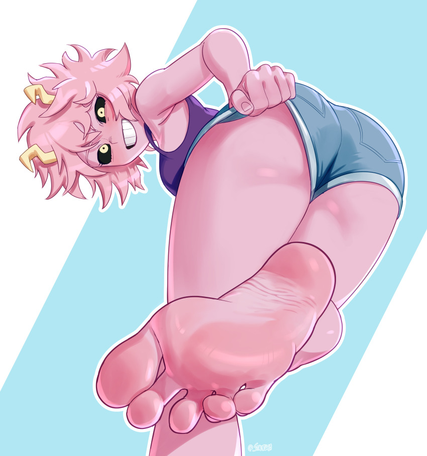 1girl 2024 20s absurdres armpits artist_name ashido_mina ass bare_legs barefoot bent_over black_sclera boku_no_hero_academia clothes_pull colored_sclera commission feet female_focus foot_focus from_behind from_below gluteal_fold grin highres horns leaning_forward looking_at_viewer looking_back pink_hair pulling_own_clothes purple_shirt shirt short_hair short_shorts shorts shorts_pull sleeveless sleeveless_shirt smile soles solo staerk teeth thighs toes yellow_eyes