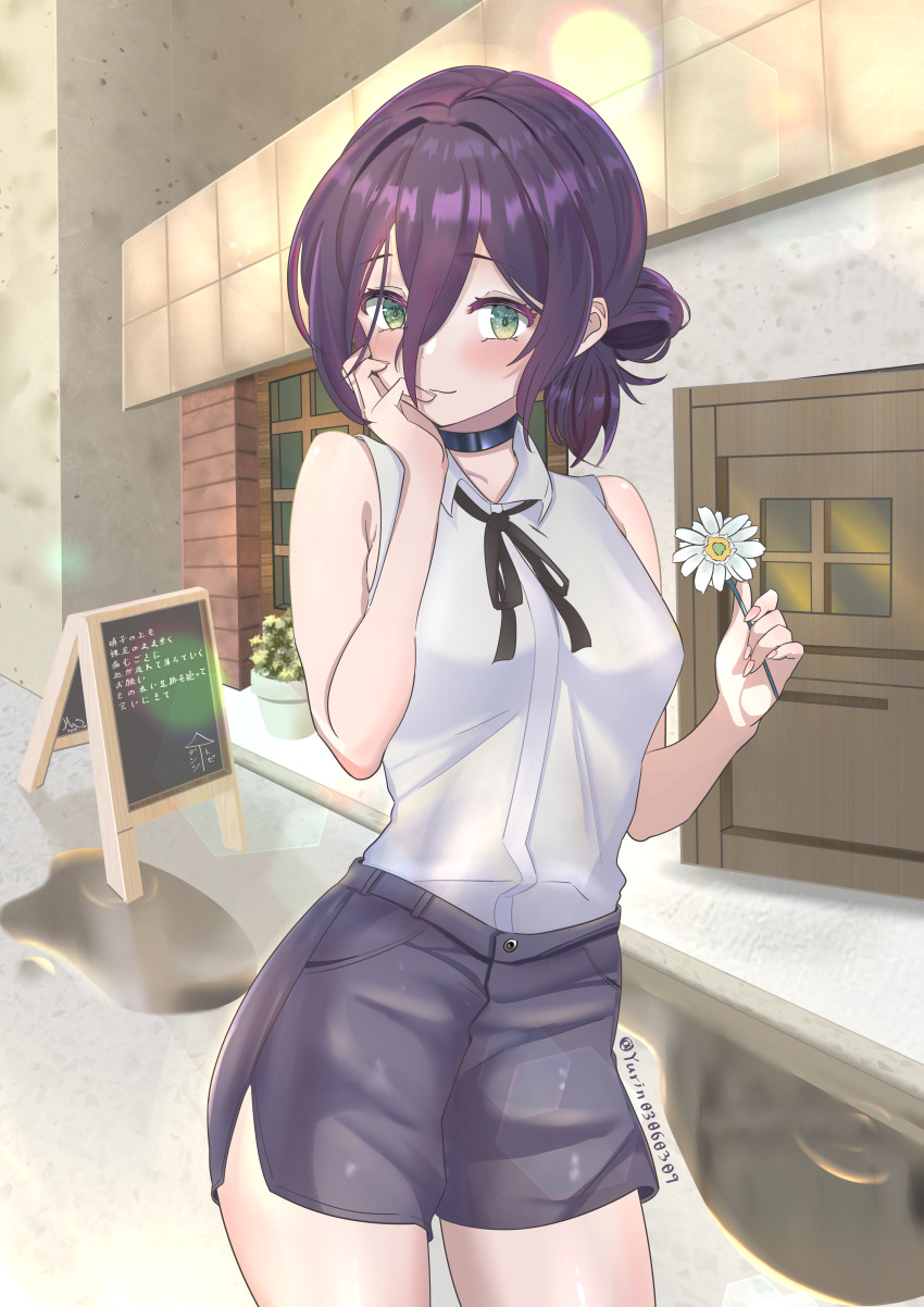 1girl absurdres black_choker black_ribbon black_shorts cafe chainsaw_man choker collared_shirt day flower green_eyes hair_between_eyes hair_bun hand_on_own_face highres holding holding_flower looking_at_viewer menu_board neck_ribbon outdoors purple_hair reze_(chainsaw_man) ribbon shirt shirt_tucked_in short_shorts shorts sleeveless sleeveless_shirt solo storefront white_flower white_shirt window zyor741