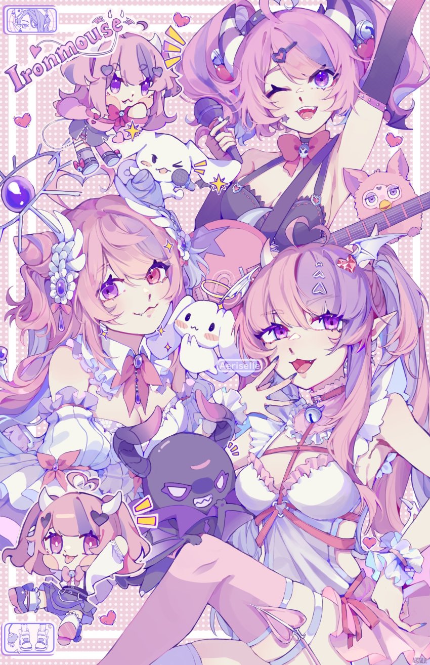1girl absurdres aeriselle ahoge artist_name bell black_footwear black_gloves black_shirt black_skirt breasts bubi_(ironmouse) chest_belt chibi choker cinnamoroll cleavage commentary demon_girl demon_horns demon_tail demon_wings dress earrings elbow_gloves english_commentary fang fingerless_gloves flower frilled_dress frills furby fuwa_fuwa_cinnamoroll gloves hair_flower hair_ornament head_wings heart heart_ahoge heart_hair_ornament highres holding holding_microphone horns ironmouse ironmouse_(1st_costume) ironmouse_(demon_form) ironmouse_(fallen_angel) ironmouse_(pink_rock) jewelry jingle_bell large_breasts long_hair long_sleeves looking_at_viewer microphone multicolored_hair nail_polish one_eye_closed open_mouth pink_choker pink_hair pink_shirt pink_theme pink_thighhighs pointy_ears purple_eyes purple_hair purple_nails purple_theme sanrio shirt skirt star_tattoo streaked_hair tail tattoo thighhighs twintails virtual_youtuber vshojo white_dress white_footwear wings