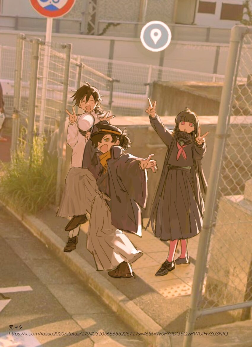 1girl 2boys black_hair black_kimono black_sailor_collar black_scarf black_serafuku black_shirt black_skirt blunt_bangs brown_scarf chain-link_fence closed_eyes double_v fate/grand_order fate_(series) fence formal_clothes google_maps hair_over_one_eye hakama haori hapenka hat high_school_girls_posing_for_google_street_view_(meme) highres holding holding_unworn_clothes holding_unworn_hat jacket japanese_clothes kimono loafers long_hair long_sleeves low_ponytail meme multiple_boys neckerchief okada_izou_(fate) oryou_(fate) peaked_cap photo_background pleated_skirt ponytail red_eyes red_neckerchief red_socks road_sign sailor_collar sakamoto_ryouma_(fate) scarf school_uniform serafuku shirt shoes sidewalk sign skirt smile socks standing standing_on_one_leg straight_hair suit unworn_hat unworn_headwear v white_hakama white_hat white_jacket white_suit