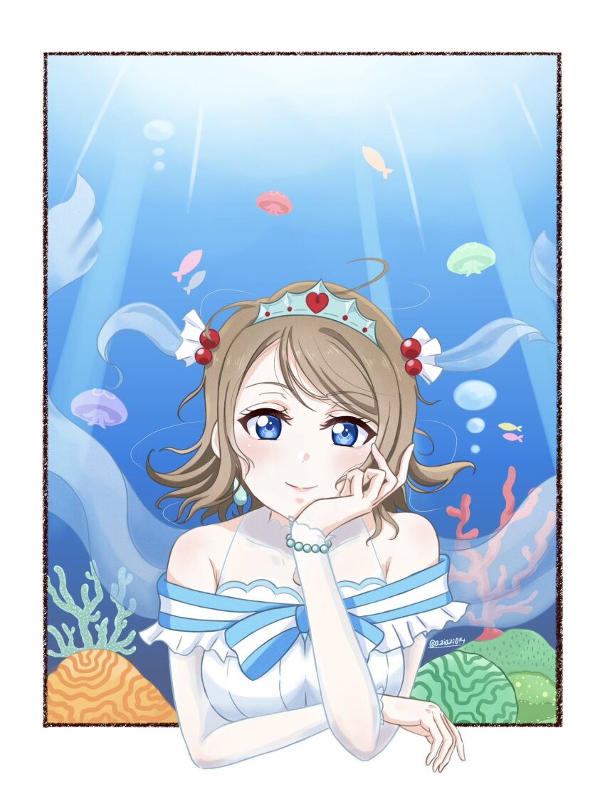 1girl aziazi014 bare_shoulders blush breasts brown_hair commentary_request coral fish hair_ornament heart highres jellyfish love_live! love_live!_sunshine!! medium_breasts short_hair solo tiara watanabe_you water