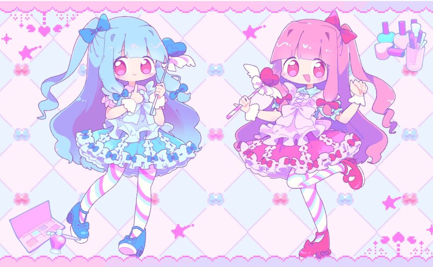 2girls :d blue_bow blue_hair blue_shirt blue_skirt blue_thighhighs blunt_bangs blush bow checkered_background closed_mouth commentary_request full_body hair_bow highres holding holding_wand kotonoha_akane kotonoha_aoi lipstick long_hair looking_at_viewer makeup multicolored_thighhighs multiple_girls nekomo_(yumenkmc) one_side_up open_mouth pink_eyes pink_hair pink_shirt pink_skirt pink_thighhighs red_bow red_shoes shirt shoes short_sleeves siblings sidelocks sisters skirt smile standing standing_on_one_leg striped_clothes striped_thighhighs thighhighs voiceroid wand yellow_thighhighs