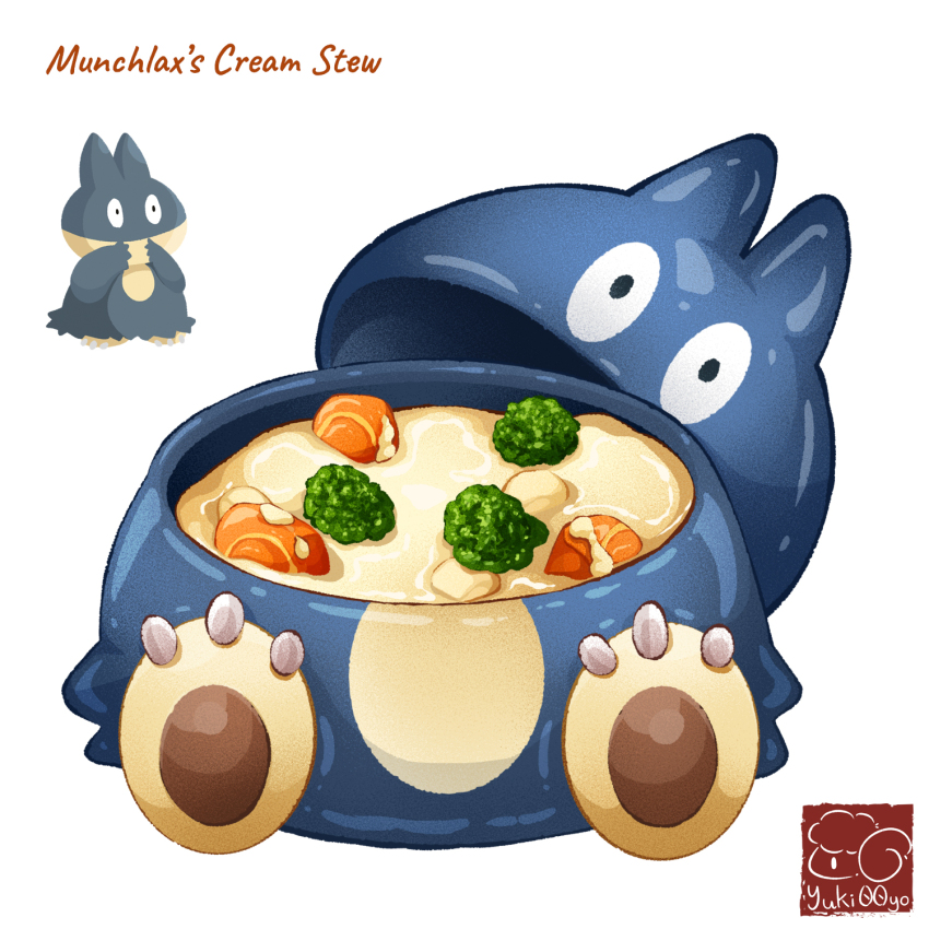 artist_logo artist_name bowl broccoli carrot_slice character-themed_food character_name food food_focus food_name gen_4_pokemon highres logo munchlax nintendo no_humans pokemon simple_background stew white_background yuki00yo