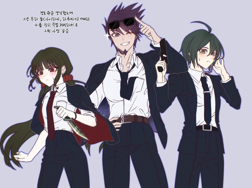 1girl 2boys ;d ahoge alternate_costume belt black_jacket black_pants breast_pocket brown_belt brown_hair collarbone collared_shirt cowboy_shot danganronpa_(series) danganronpa_v3:_killing_harmony facial_hair goatee grin gun harukawa_maki holding holding_gun holding_weapon jacket jjigjjikk low_twintails momota_kaito multiple_boys necktie one_eye_closed open_clothes open_jacket open_mouth pants pocket red_jacket red_necktie red_scrunchie saihara_shuichi scrunchie shirt shirt_tucked_in simple_background smile sunglasses sweatdrop teeth translation_request twintails two-sided_fabric two-sided_jacket weapon white_shirt