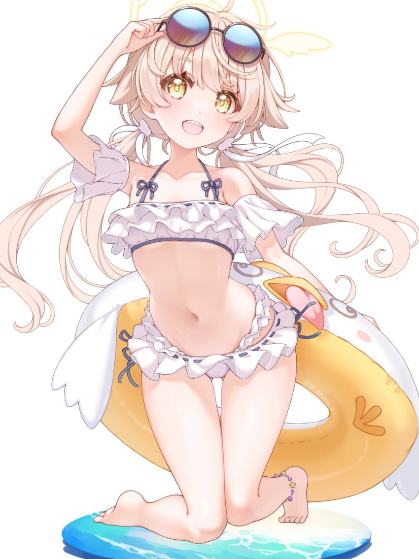 1girl :d arm_up barefoot bikini blonde_hair blue_archive blush breasts collarbone commentary_request detached_sleeves eyewear_on_head feet frilled_bikini frills hair_ribbon halo hifumi_(blue_archive) hifumi_(swimsuit)_(blue_archive) highres innertube loli long_hair looking_at_viewer low_twintails navel official_alternate_costume open_mouth ribbon ribbon-trimmed_bikini ribbon_trim round_eyewear simple_background small_breasts smile solo sunglasses swim_ring swimsuit teeth thighs toes tsugaru_(enoken) twintails upper_teeth_only very_long_hair white_background white_bikini white_ribbon white_sleeves yellow_eyes yellow_halo