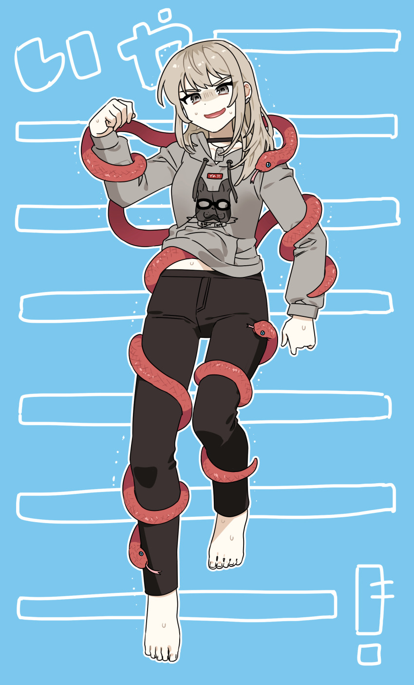 1girl absurdres animalization barefoot black_pants commentary_request drawstring girls_band_cry grey_eyes grey_hair grey_hoodie habsida_(habsida_hpy) highres hood hoodie iseri_nina kawaragi_momoka long_hair long_sleeves nervous_sweating open_mouth pants snake snake_wrapped_around_body solo sweat toes