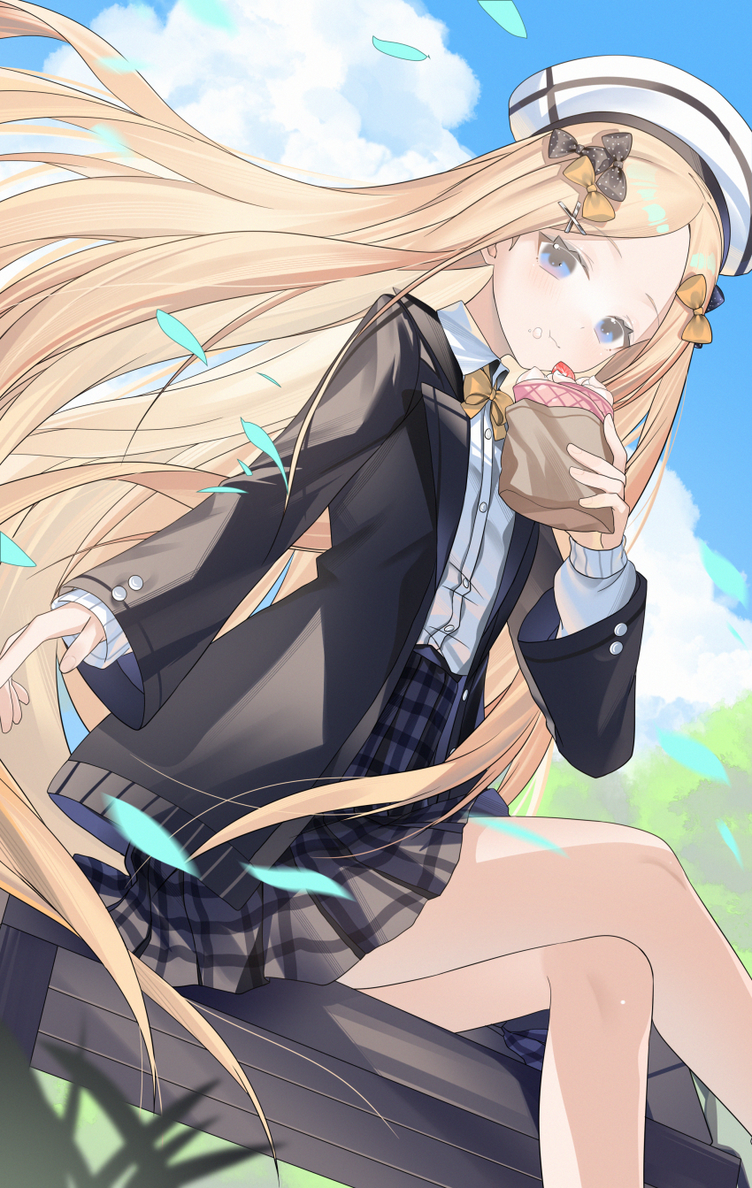 1girl abigail_williams_(fate) absurdres bench black_bow black_jacket blonde_hair blue_eyes blue_sky bow bowtie breasts collared_shirt crossed_legs eating fate/grand_order fate_(series) food forehead grey_skirt hair_bow hat highres jacket long_hair long_sleeves looking_at_viewer miyu10366 orange_bow parted_bangs shirt sitting skirt sky small_breasts solo white_hat white_shirt