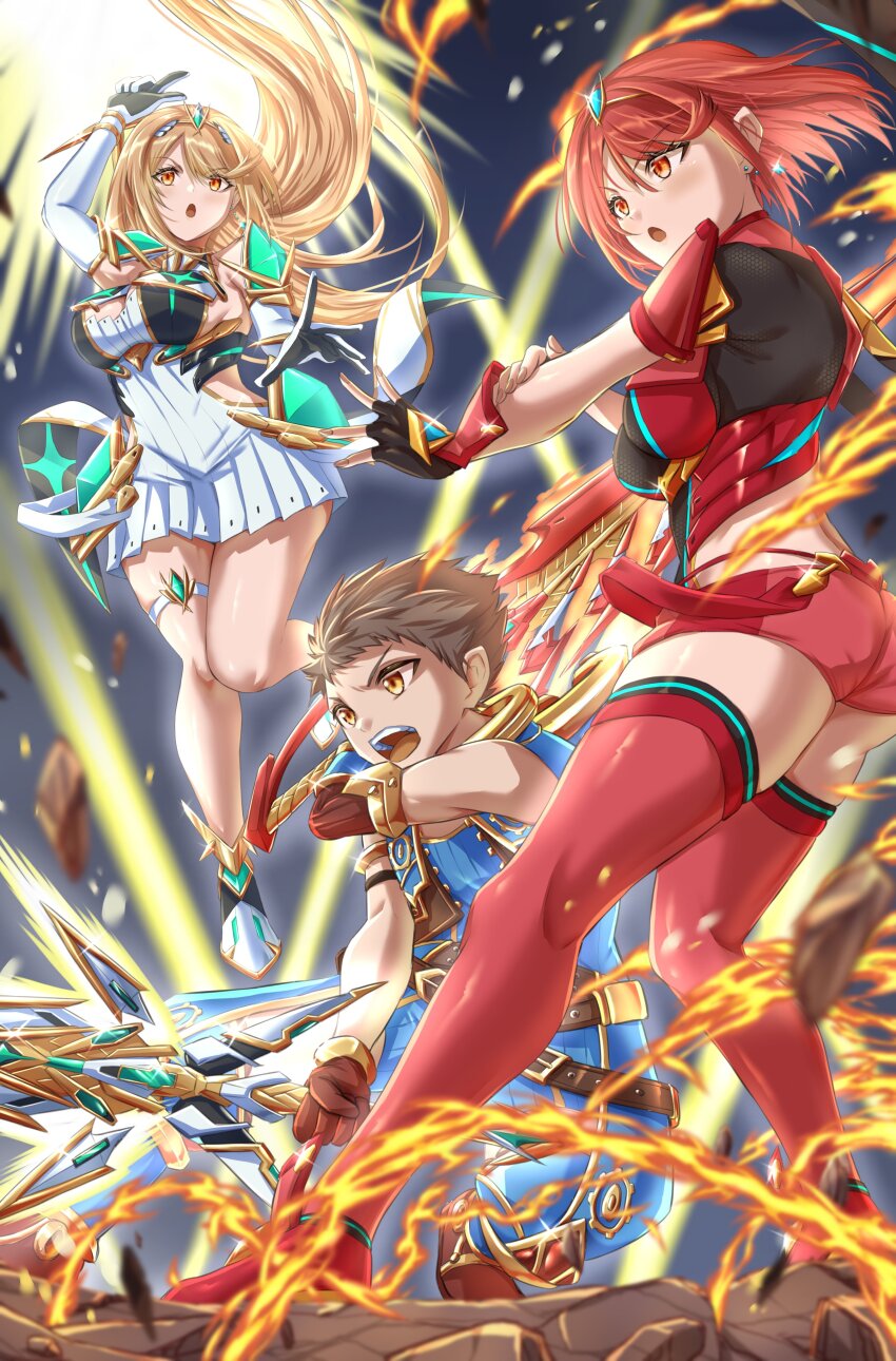 1boy 2girls absurdres blonde_hair breasts brown_eyes brown_hair cleavage dual_wielding fire group_picture highres holding holding_sword holding_weapon kenichiart large_breasts multiple_girls mythra_(xenoblade) pyra_(xenoblade) red_eyes red_hair red_shorts red_thighhighs rex_(xenoblade) shorts sword thighhighs tiara weapon xenoblade_chronicles_(series) xenoblade_chronicles_2 yellow_eyes
