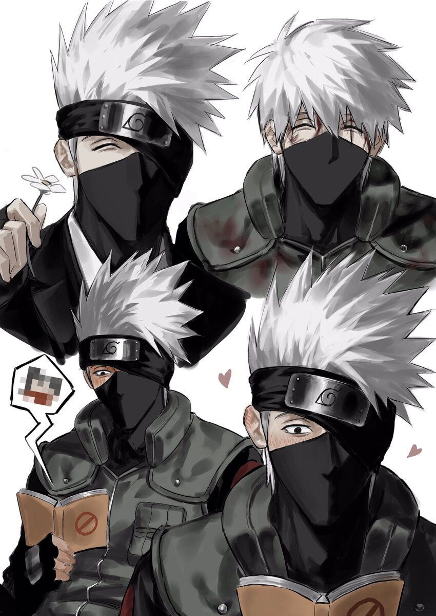 1boy blood blood_on_clothes blood_on_face blush censored_profanity closed_eyes fingerless_gloves flak_jacket flower forehead_protector gloves green_jacket hatake_kakashi highres holding holding_flower icha_icha_(naruto) jacket konohagakure_shinobi_uniform male_focus mask mouth_mask naruto_(series) ninja_mask short_hair simple_background smile solo spiked_hair sso_s white_background white_hair