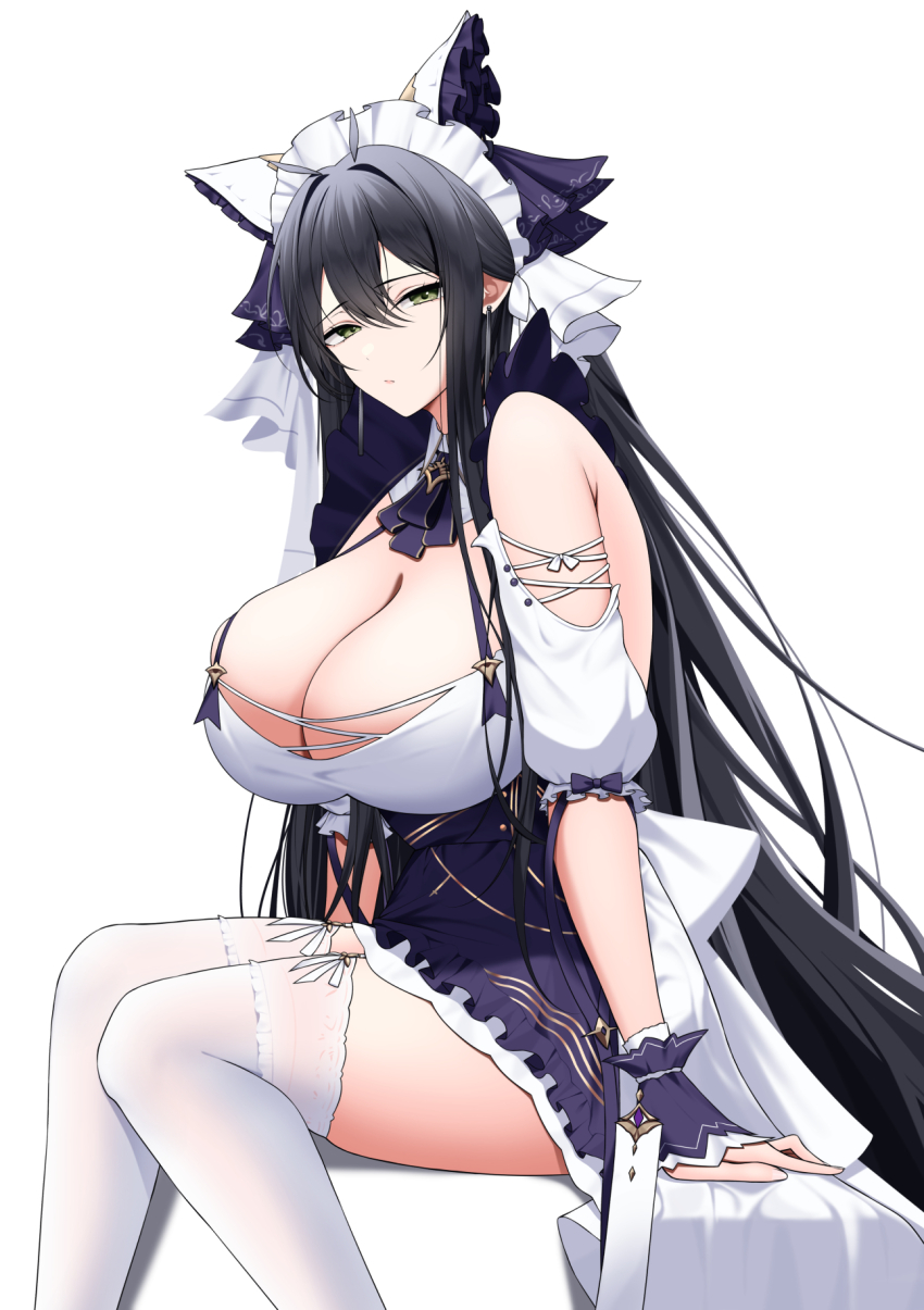 1girl animal_ears apron azur_lane bare_shoulders black_hair breasts cat_ears cheshire_(azur_lane) cheshire_(azur_lane)_(cosplay) cleavage commentary commission cosplay detached_sleeves fake_animal_ears feet_out_of_frame frilled_hairband frills from_side garter_straps hair_between_eyes hairband highres huge_breasts indomitable_(azur_lane) kikata_(hata_nanokana) lace lace-trimmed_thighhighs lace_trim long_hair looking_at_viewer maid_headdress pixiv_commission puffy_detached_sleeves puffy_short_sleeves puffy_sleeves purple_apron short_sleeves simple_background solo thighhighs very_long_hair white_background white_garter_straps white_thighhighs
