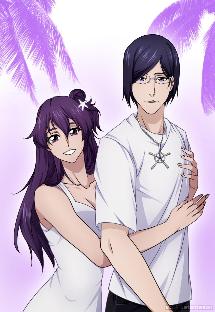 1boy 1girl absurdres alternate_costume artist_name bambietta_basterbine bleach bleach:_sennen_kessen-hen blue_eyes breasts casual cleavage commentary commission couple cowboy_shot cross cross_necklace dress english_commentary eyebrows_hidden_by_hair glasses hair_behind_ear hair_between_eyes hair_bun hair_ornament hair_over_shoulder happy height_difference hetero highres hug hug_from_behind ishida_uryuu jewelry long_hair looking_at_viewer marianclum_art necklace official_alternate_hairstyle one_side_up palm_leaf parted_bangs parted_lips purple_background purple_eyes purple_hair rectangular_eyewear second-party_source shirt short_hair short_sleeves simple_background single_bare_shoulder single_hair_bun single_side_bun sleeveless sleeveless_dress smile spaghetti_strap star_(symbol) star_hair_ornament straight_hair t-shirt upper_body watermark white_dress white_shirt