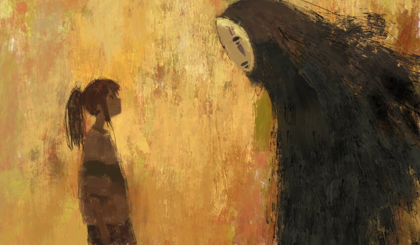 1girl brown_hair cowboy_shot from_side fuyumurasaki highres kaonashi looking_at_another mask ogino_chihiro painterly pink_shirt ponytail sen_to_chihiro_no_kamikakushi shirt standing studio_ghibli yellow_background