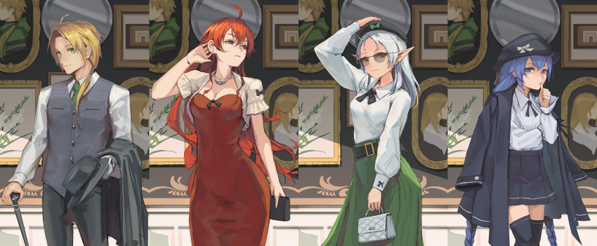 1boy 3girls adpong ahoge belt blonde_hair blue_eyes blue_hair bracelet braid breasts cane capelet cowboy_shot crossed_bangs dress earpiece elf eris_greyrat green_eyes green_necktie green_skirt hair_between_eyes hat highres holding holding_cane husband_and_wives indoors jacket jacket_on_shoulders jewelry large_breasts long_braid long_hair long_skirt long_sleeves medium_hair multiple_girls mushoku_tensei neckerchief necklace necktie pants pleated_skirt pointy_ears red_dress red_eyes red_hair roxy_migurdia rudeus_greyrat shirt skirt small_breasts sunglasses sylphiette_(mushoku_tensei) thick_eyebrows thighhighs thumb_to_mouth twin_braids vest white_capelet white_hair white_shirt