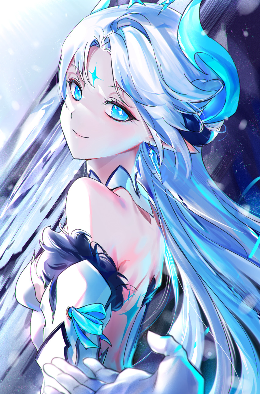 1girl absurdres back back_tattoo backless_dress backless_outfit bare_shoulders blue_eyes blue_horns closed_mouth commentary demon_girl demon_horns detached_sleeves dress earrings elsword floating_hair forehead forehead_tattoo gloves highres horns ishtar_(elsword) jewelry long_hair looking_at_viewer luciela_r._sourcream parted_bangs pointy_ears smile symbol-shaped_pupils tanjel tattoo very_long_hair white_dress white_gloves white_hair