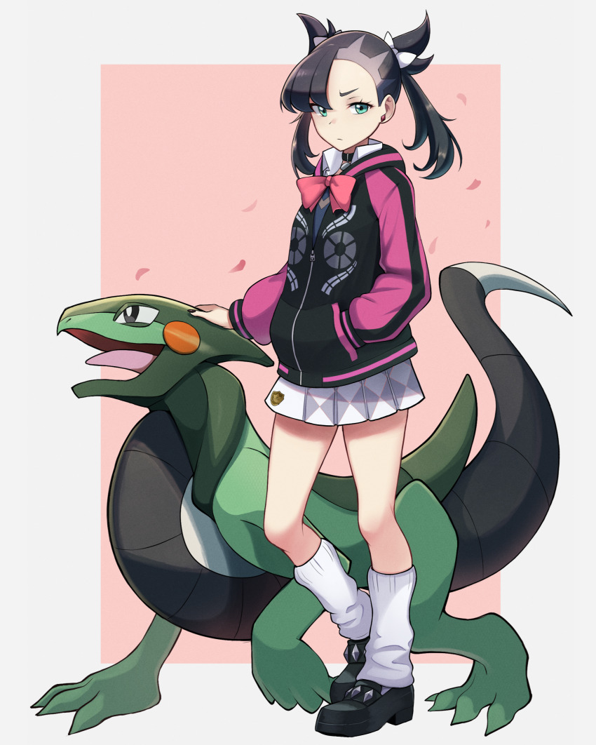 1girl absurdres asymmetrical_bangs black_hair bow bowtie cyclizar full_body green_eyes hair_ribbon hand_in_pocket hand_on_another&#039;s_head highres hood hoodie looking_at_viewer marnie_(academy)_(pokemon) marnie_(pokemon) miniskirt mr.thunderigor nintendo pokemon pokemon_(creature) pokemon_masters_ex ribbon school_uniform shoes skirt socks standing twintails undercut white_socks