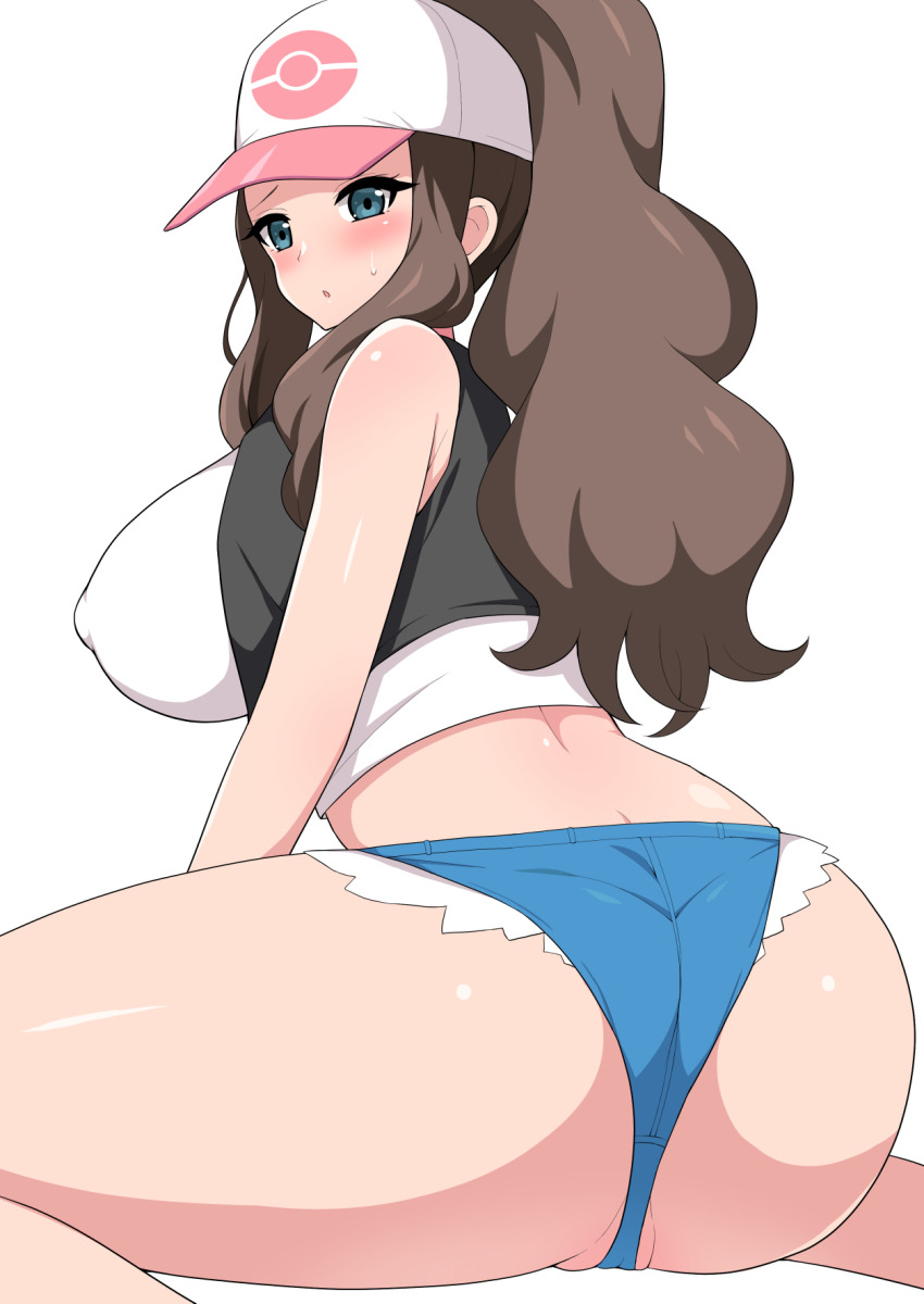 1girl aikome_(haikome) ass back bare_legs baseball_cap blue_eyes blue_shorts blush breasts brown_hair cameltoe commentary covered_erect_nipples crop_top denim denim_shorts from_behind hat highres hilda_(pokemon) large_breasts long_hair looking_at_viewer looking_back nintendo parted_lips partially_visible_vulva poke_ball_symbol pokemon pokemon_bw ponytail shirt short_shorts shorts simple_background sitting solo sweatdrop thick_thighs thighs wariza white_background white_hat white_shirt