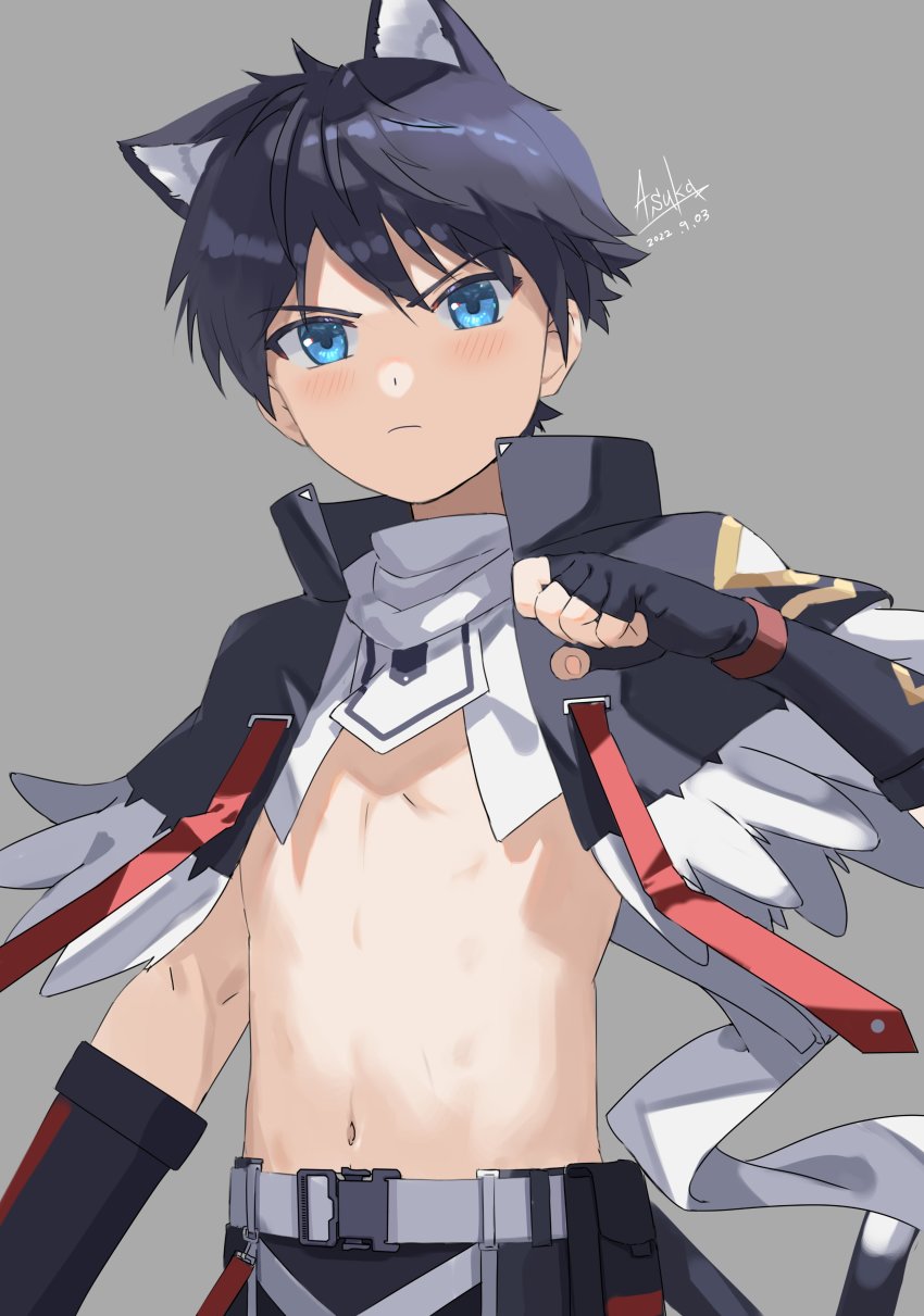 1boy absurdres animal_ears asuka_shirou belt bishounen blue_eyes blue_hair blush cat_ears closed_mouth commentary_request dated extra_ears fingerless_gloves gloves grey_background highres looking_at_viewer male_focus navel original short_hair signature simple_background solo stomach torso utility_belt