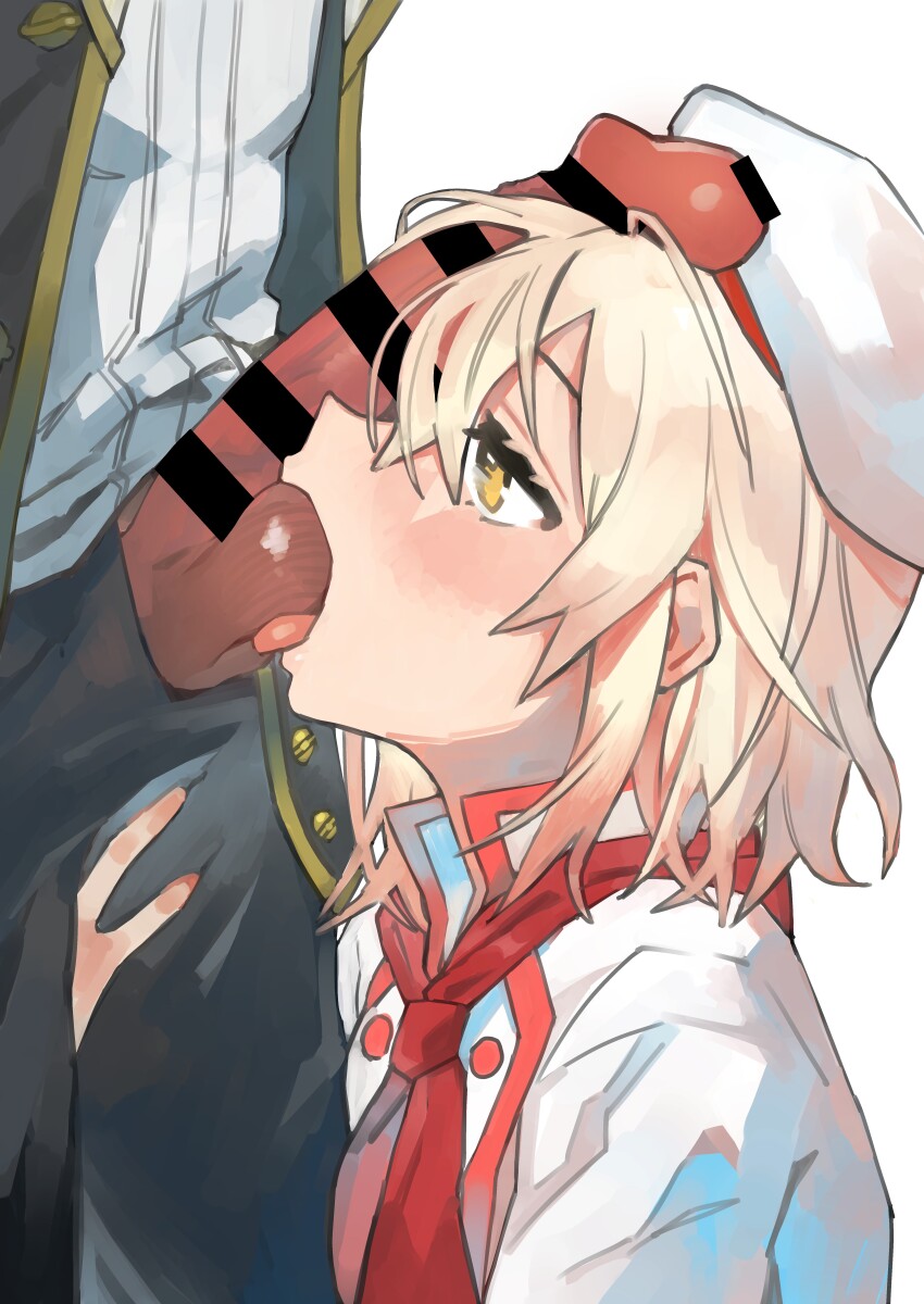 1boy 1girl absurdres alice_(egocentric_patissiere)_(tales) alice_(tales) bar_censor blonde_hair blush censored commission grabbing_another&#039;s_thighs hat hetero highres mogamiya_honu official_alternate_costume oral pants penis penis_on_face regal_bryan short_hair tales_of_(series) tales_of_symphonia tales_of_symphonia:_dawn_of_the_new_world tales_of_the_rays testicle_sucking tongue tongue_out white_background yellow_eyes
