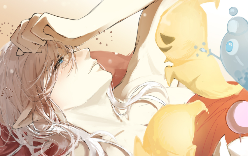 1boy arm_up blanket blue_eyes blush chinese_commentary commentary creature_request elezen elf estinien_varlineau final_fantasy final_fantasy_xiv ghost gradient_background hand_over_eye lying male_focus moogle nude on_back on_bed one_eye_covered orange_background pointy_ears shengxianxiaoyupian solo squeans under_covers upper_body white_hair