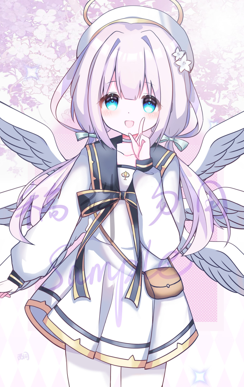 absurdres angel angel_wings blue_eyes blush bow child cowboy_shot dress feathered_wings flower hair_between_eyes hair_flower hair_ornament halo highres long_hair long_sleeves low_twintails maimai_(game) pleated_dress sailor_collar sailor_dress solo twintails user_yrze4523 watermark white_dress white_sailor_collar white_wings wings yurisaki_mika_(maimai)