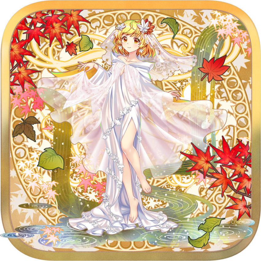 1girl aki_shizuha aki_shizuha_(platinum-white_fall) alternate_costume art_nouveau autumn_leaves bare_legs barefoot blonde_hair breasts bridal_veil bride cleavage closed_mouth collarbone dress earrings falling_leaves full_body game_cg hair_ornament highres jewelry leaf leaf_hair_ornament legs looking_at_viewer maple_leaf official_art orange_eyes ripples rotte_(1109) see-through_clothes see-through_dress see-through_veil short_hair side_slit skirt_hold smile solo thighs third-party_source toes touhou touhou_lostword transparent_background veil water wedding_dress white_dress white_veil