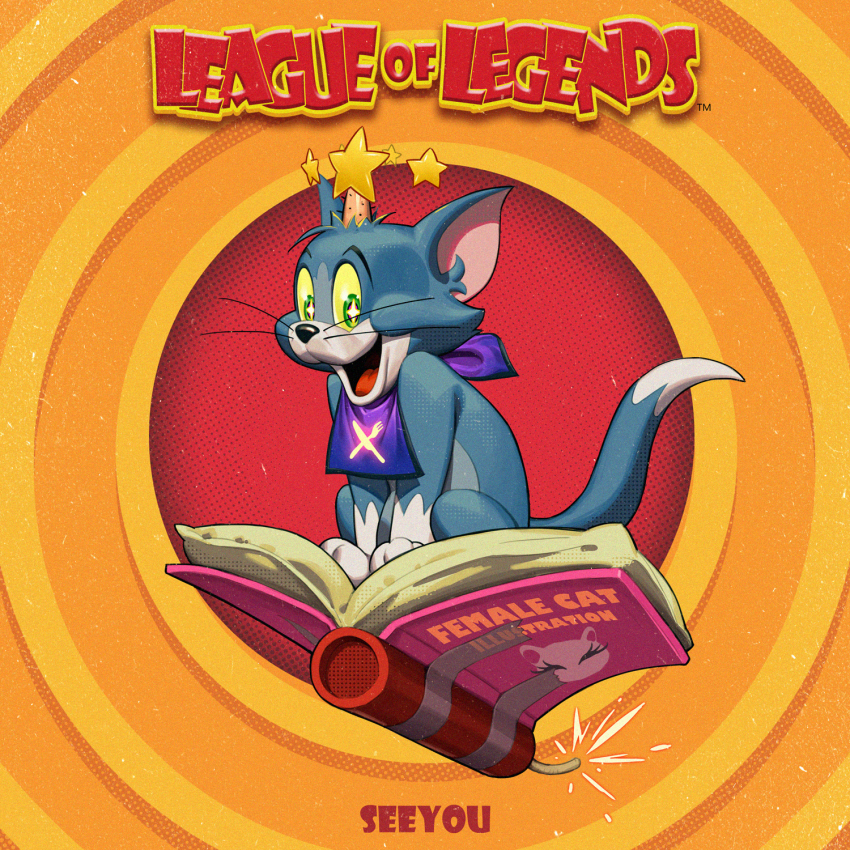 1boy :d animal_ears book cat_boy cat_ears cat_tail colored_sclera copyright_name cosplay dynamite english_text explosive highres league_of_legends looking_at_viewer on_book open_book open_mouth orange_background see_you sitting smile solo sparkling_eyes star_(symbol) tail tom_(tom_and_jerry) tom_and_jerry yellow_sclera yuumi_(league_of_legends) yuumi_(league_of_legends)_(cosplay)