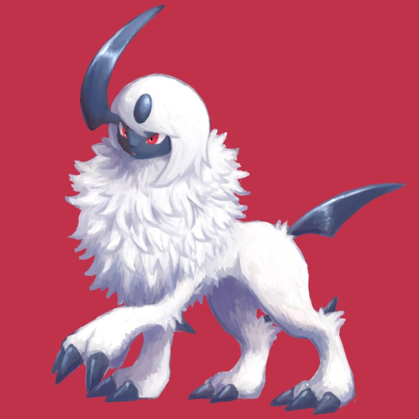7_phi_3 :o absol animal_focus claws forehead_jewel gen_3_pokemon highres horns nintendo no_humans open_mouth pokemon pokemon_(creature) red_background red_eyes simple_background single_horn solo white_hair
