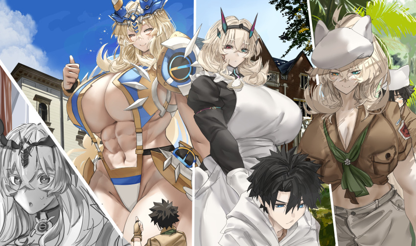 1boy 1girl abs absurdres bare_shoulders barghest_(fate) barghest_(swimsuit_archer)_(fate) barghest_(swimsuit_archer)_(first_ascension)_(fate) barghest_(swimsuit_archer)_(second_ascension)_(fate) barghest_(swimsuit_archer)_(third_ascension)_(fate) breasts cleavage fate/grand_order fate_(series) fujimaru_ritsuka_(male) fujimaru_ritsuka_(male)_(summer_street) high_ponytail highres huge_breasts long_hair long_sleeves multiple_views navel obazzotto open_mouth ponytail
