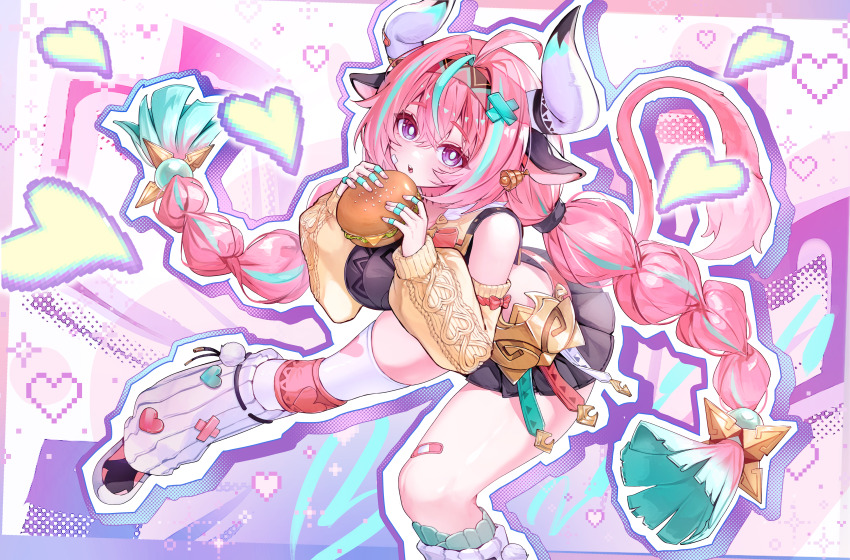 absurdres ahoge animal_ears aqua_hair bandaid bell black_skirt bow braid breasts bright_pupils burger cow_ears cow_girl cow_horns cow_tail cowbell detached_sleeves food foot_out_of_frame genshin_impact hair_between_eyes hairband heart highres hokkul holding holding_burger holding_food horns large_breasts leg_warmers looking_at_viewer multicolored_hair open_mouth pink_hair pixelated purple_eyes shoes single_thighhigh skirt sneakers sparkle streaked_hair tail teeth thighhighs twin_braids upper_teeth_only varesa_(genshin_impact) white_leg_warmers yellow_sleeves