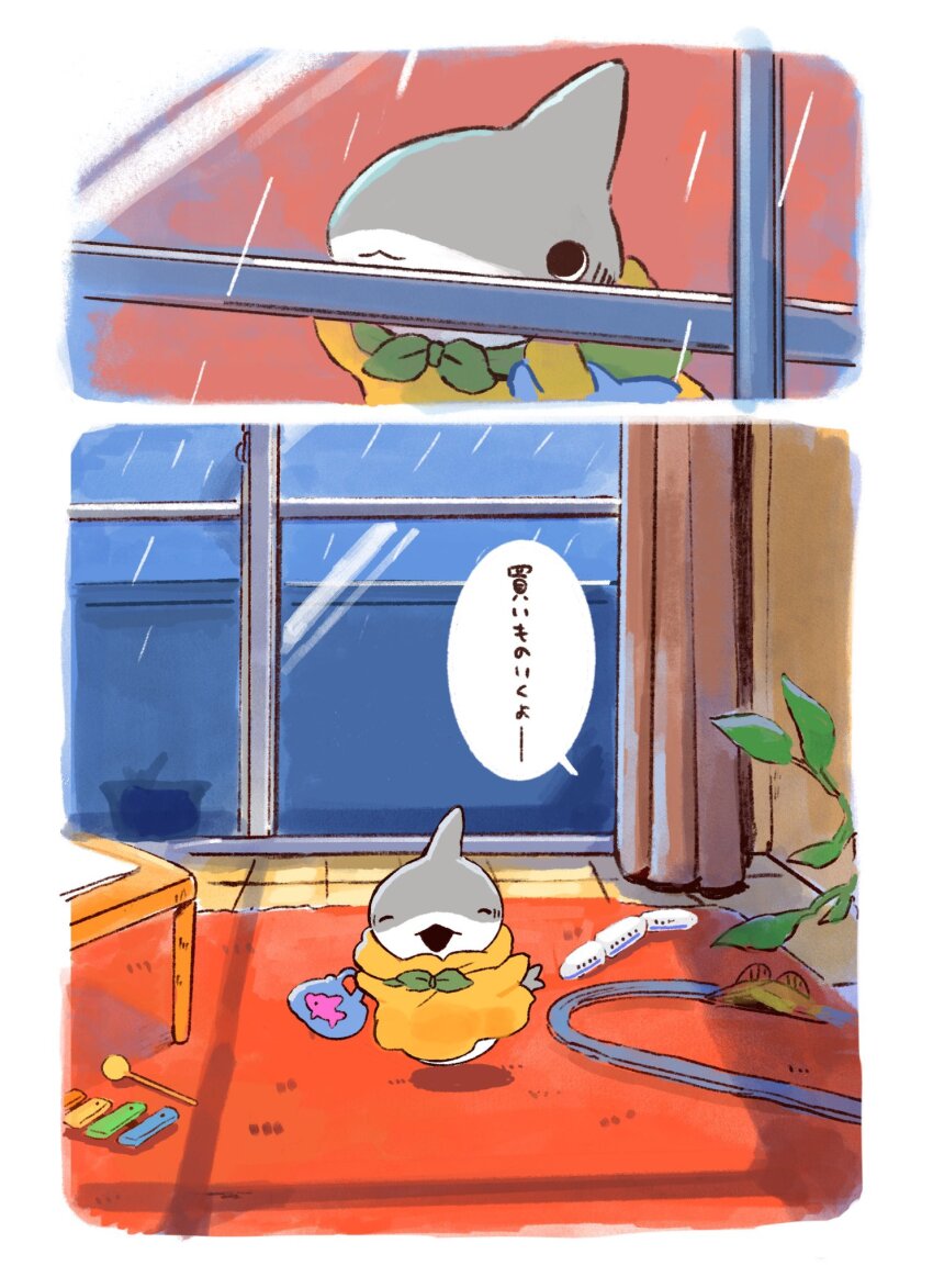 highres instrument odekake_kozame penguinbox rain raincoat shark toy_train window xylophone