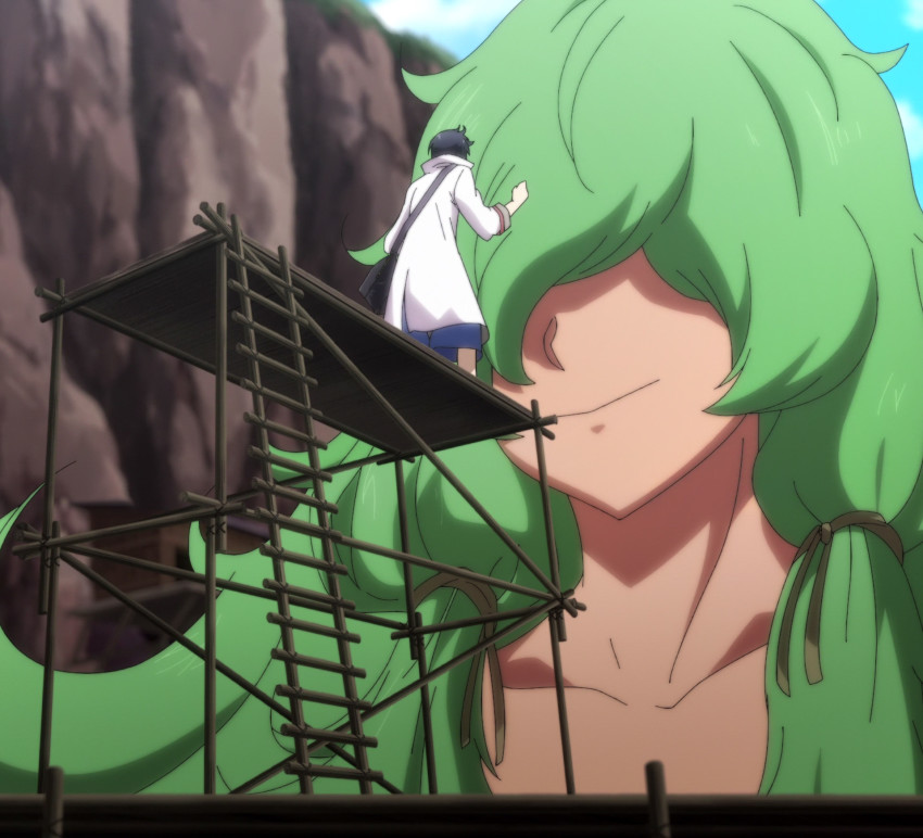 1boy 1girl dione_nephilim giant giantess glenn_litbeit green_hair highres monster_musume_no_oisha-san