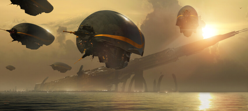 absurdres alien choujikuu_yousai_macross cloud coldesign commentary concept_art dusk english_commentary flying highres island lens_flare machinery macross no_humans ocean official_art production_art realistic robotech robotech:_the_motion_picture science_fiction sdf-1 south_ataria spacecraft sun water zentradi