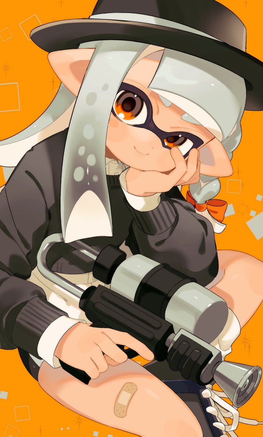 1girl bandaid bandaid_on_leg black_hair black_hat black_shoes black_sweater blunt_bangs boater_hat bow braid closed_mouth collared_shirt commentary_request dress_shirt gradient_hair grey_hair grey_ribbon hair_bow hand_on_own_cheek hand_on_own_face hat hat_ribbon head_rest head_tilt highres holding holding_weapon inkling inkling_girl inkling_player_character long_hair long_sleeves looking_at_viewer multicolored_hair nintendo octo_shot_(splatoon) orange_background orange_bow orange_eyes pointy_ears ribbon sabata_saba shirt shoes single_braid smile sneakers socks solo splatoon_(series) sweater tentacle_hair two-tone_hair weapon white_shirt white_socks