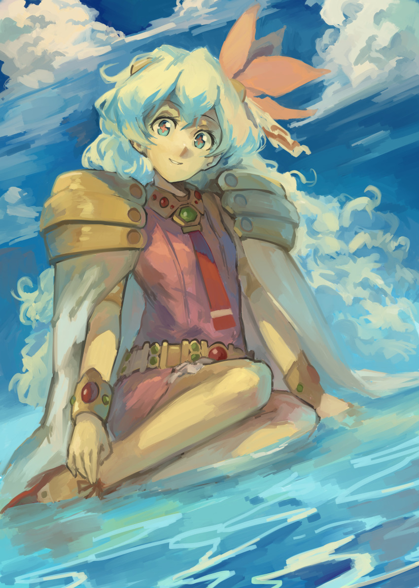 1girl absurdres blonde_hair blue_eyes bracelet flower gold_belt hair_flower hair_ornament highres jewelry kornod nia_teppelin on_one_knee sitting solo tengen_toppa_gurren_lagann water wavy_hair