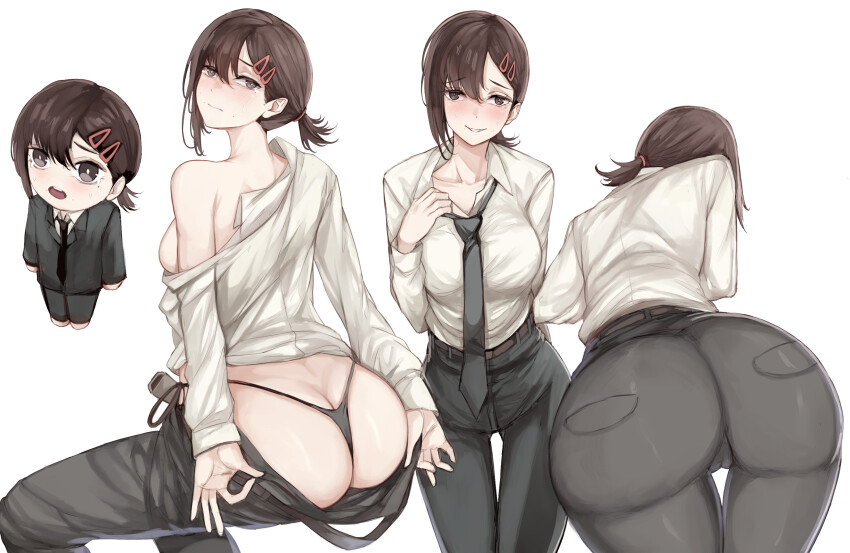 1girl absurdres ass belt black_necktie black_pants black_suit blush breasts brown_eyes brown_hair business_suit butt_crack cameltoe chainsaw_man chibi chibi_inset clothes_pull collarbone collared_shirt commentary english_commentary formal_clothes hair_ornament hairclip higashiyama_kobeni highleg highleg_panties highres huge_ass looking_at_viewer looking_back medium_breasts medium_hair mole mole_under_eye multiple_views necktie nervous_smile no_bra nui_gurumi off_shoulder panties pants pants_pull ponytail presenting presenting_ass pulling_own_clothes shirt shirt_tug short_ponytail sideboob single_sidelock smile suit sweat swept_bangs thigh_gap thong tight_clothes tight_pants underwear white_background white_shirt