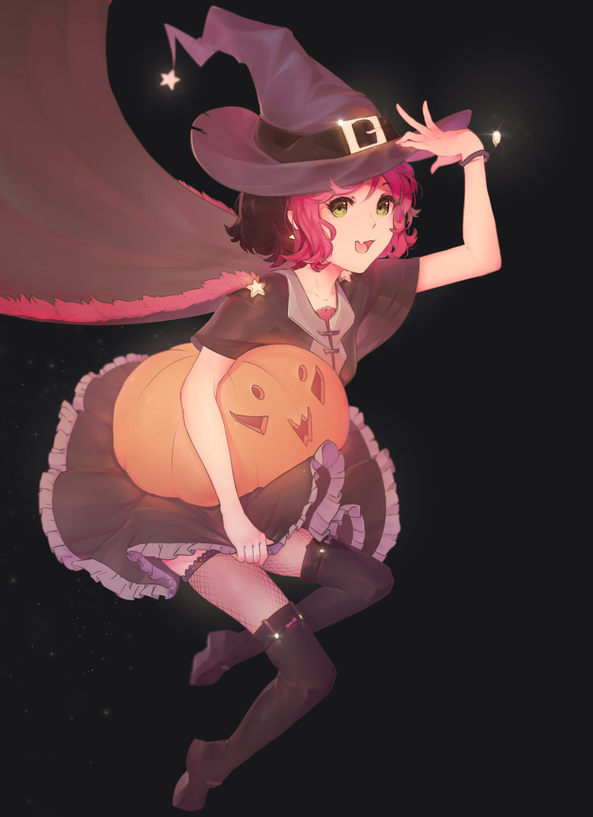 1girl absurdres black_background black_hair colored_bangs dress green_eyes halloween hat highres holding kitsu_(skydiverfox) looking_at_viewer multicolored_hair open_mouth osu! pink_hair pippi_(osu!) pumpkin short_hair smile solo two-tone_hair witch witch_hat