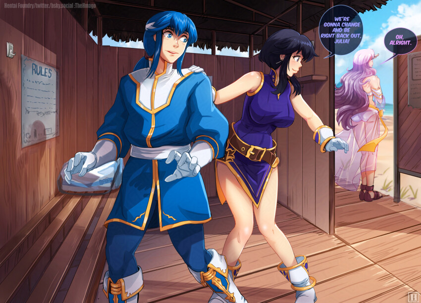 1boy 2girls alternate_costume ass assertive_female bag bare_legs beach belt bench bikini black_hair blue_sky boots breasts brother_and_sister changing_room commission commissioner_upload couple day earrings english_text fire_emblem fire_emblem:_genealogy_of_the_holy_war gloves headband hetero highres hmage jewelry julia_(fire_emblem) larcei_(fire_emblem) large_breasts long_hair looking_at_another multiple_girls nintendo ocean outdoors ponytail purple_hair purple_tunic sand sandals sarong see-through_clothes see-through_sarong seliph_(fire_emblem) shelf shore short_hair siblings sidelocks sign sky sleeveless smile speech_bubble standing swimsuit tomboy tunic white_bikini
