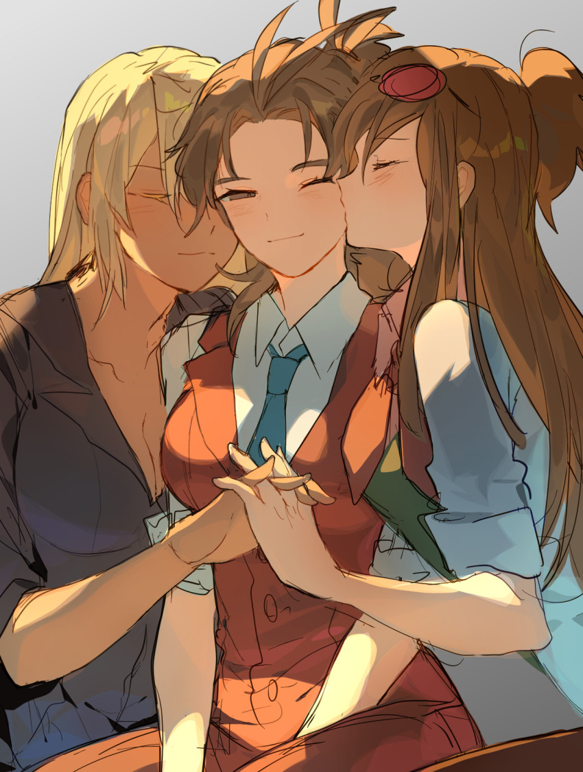 3girls ace_attorney apollo_justice blonde_hair breasts brown_hair cleavage closed_eyes coat commentary dark-skinned_female dark_skin ema_skye english_commentary eyewear_on_head genderswap genderswap_(mtf) half_updo highres holding_hands kiss kissing_cheek klavier_gavin koiryuuga lab_coat medium_breasts multiple_girls necktie polyamory sunglasses vest yuri