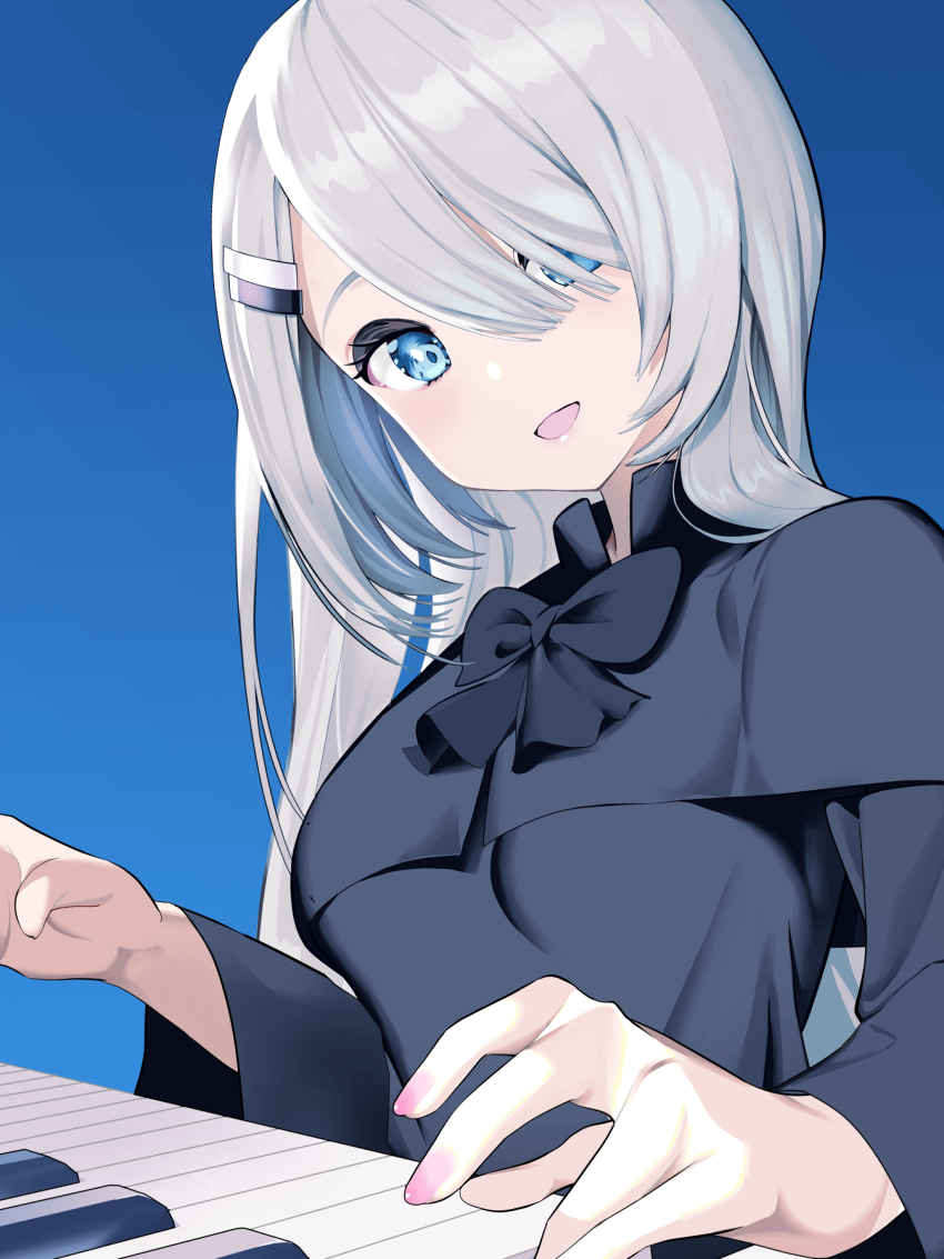 1girl absurdres black_bow black_bowtie black_dress blue_background blue_eyes bow bowtie commission dress hair_ornament hair_over_one_eye hairclip hairpin highres indie_virtual_youtuber kannougame long_hair looking_at_viewer noir_(noworld) noworld open_mouth piano_keys pink_nails skeb_commission smile solo very_long_hair virtual_youtuber white_hair