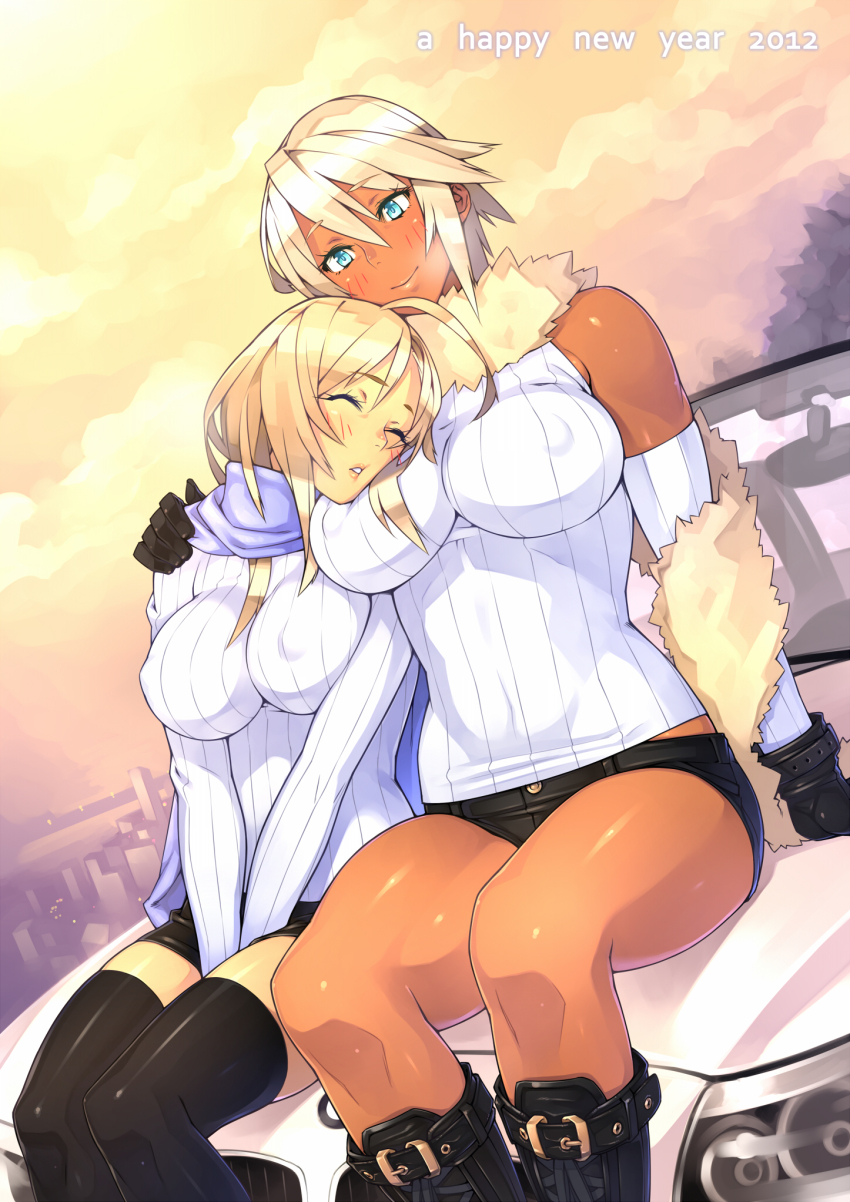 10s 2012 23_(real_xxiii) 2girls between_thighs blonde_hair blue_eyes blush bmw boots breast_pillow breast_press breasts brown_hair car cloud cloudy_sky couple covered_erect_nipples dark-skinned_female dark_skin detached_sleeves gloves hand_on_shoulder happy_new_year highres impossible_clothes impossible_sweater large_breasts motor_vehicle multiple_girls new_year on_car orange_sky original ribbed_sweater scarf sela_(23) shirt short_hair short_shorts shorts sitting sky sleeping sleeping_upright smile sunrise sweater thighhighs thighs ursula_(23) v_arms wife_and_wife yuri