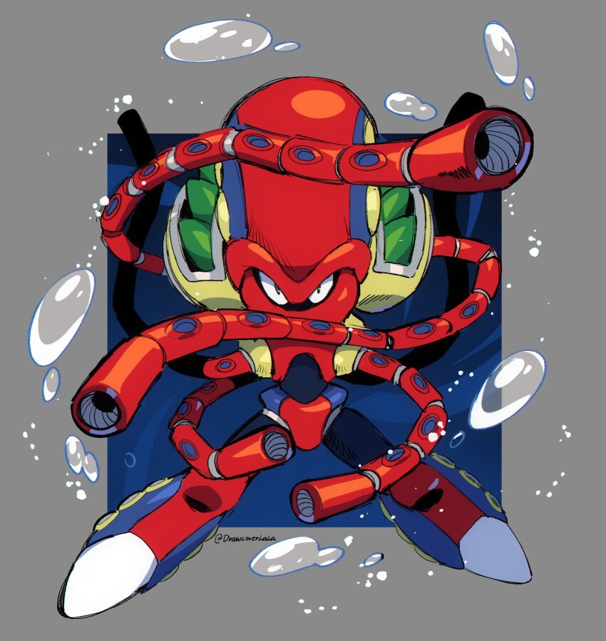 1boy air_bubble bubble drawloverlala extra_arms grey_background highres launch_octopus_(mega_man) looking_at_viewer male_focus mega_man_(series) mega_man_x1 mega_man_x_(series) non-humanoid_robot octopus robot robot_animal simple_background solo tentacle_arm