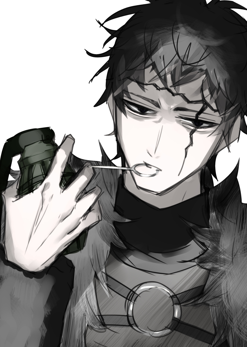 1boy absurdres armor black_clover black_hair black_shirt blue_eyes breastplate chest_strap coat explosive expressionless facial_mark frit_2 fur_coat fur_collar grenade grenade_pin hand_up high_collar highres holding holding_grenade holding_weapon looking_at_viewer male_focus messy_hair monochrome mouth_hold o-ring portrait pulling shirt short_hair simple_background solo teeth_hold weapon white_background zenon_zogratis