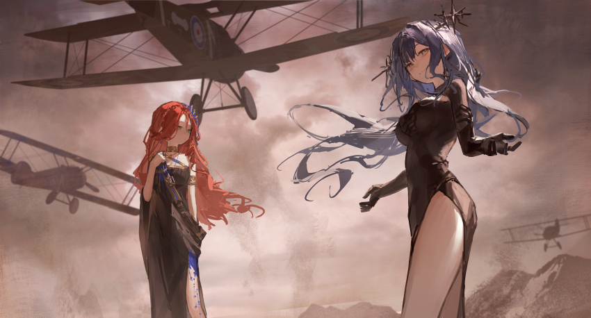 absurdres aircraft airplane arcana_(reverse:1999) armlet biplane black_dress blue_hair breasts cowboy_shot dress elbow_gloves floating_hair gloves gold_choker green_eyes hair_ornament highres jewelry large_breasts long_dress long_hair long_sleeves looking_at_viewer looking_to_the_side mountain outdoors overcast red_hair reverse:1999 side_slit single_off_shoulder sketch sky smile smoke sophia_(manus_vindictae)_(reverse:1999) sophia_(reverse:1999) sunjinghan0801_(mokacoat) very_long_hair wand_in_head yellow_eyes