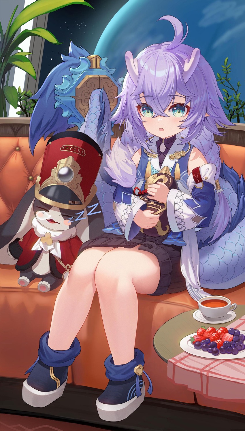 1girl 1other absurdres ahoge bailu_(honkai:_star_rail) black_boots blush boots couch cup detached_sleeves dragon_girl dragon_horns dragon_tail eastern_dragon_horns eastern_dragon_tail food fruit gourd grapes green_eyes highres holding holding_gourd honkai:_star_rail honkai_(series) horns long_hair long_sleeves longyu_(17767756) looking_at_viewer on_couch open_mouth plate pom-pom_(honkai:_star_rail) purple_hair rabbit sitting sleeping squeans strawberry tail tea teacup thighs zzz
