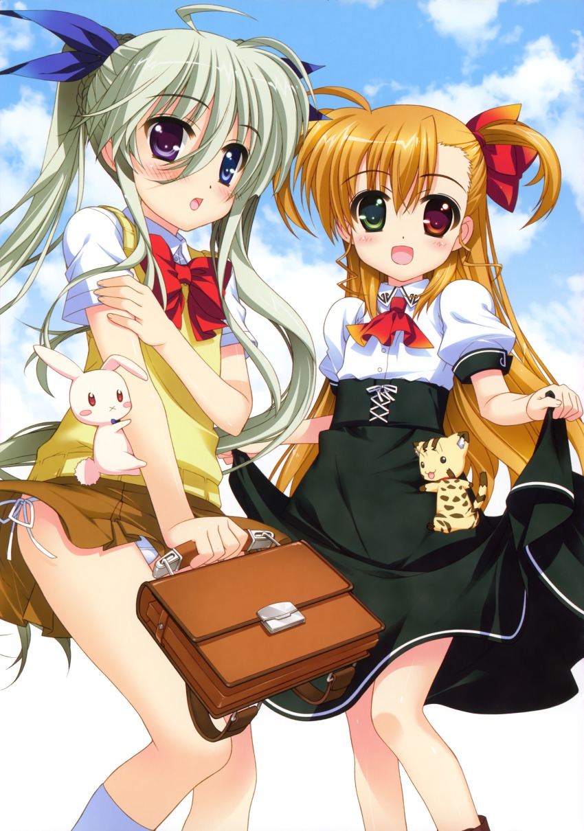 2girls :3 :d :o absurdres asteion bag blonde_hair blue_eyes blush blush_stickers bookbag bow rabbit cat cosplay costume_switch einhard_stratos flat_chest fujima_takuya green_eyes green_hair hair_bow hair_ribbon heterochromia highres long_hair lyrical_nanoha mahou_shoujo_lyrical_nanoha_vivid multiple_girls open_mouth panties purple_eyes red_eyes ribbon sacred_heart scan school_uniform side-tie_panties skirt smile sweater_vest two_side_up underwear vivio
