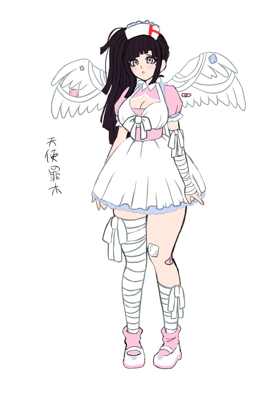 1girl angel angel_wings bandaged_leg bandages bandaid_on_wing black_hair blush breasts cleavage danganronpa_(series) danganronpa_2:_goodbye_despair grey_background hat highres large_breasts mozuku_(iiiiiiimomo) nurse_cap parted_lips pink_eyes pink_socks pleated_skirt ponytail shoes simple_background skirt socks solo teeth translation_request tsumiki_mikan white_shoes white_skirt wings