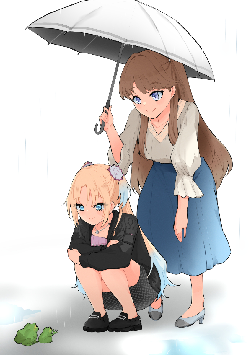 2girls absurdres animal black_footwear black_jacket black_skirt blonde_hair blue_eyes blue_footwear blue_hair blue_skirt breasts brown_hair checkered_clothes checkered_skirt closed_mouth collarbone commentary_request flower frog fujishima_megumi gradient_hair hair_flower hair_ornament high_heels highres holding holding_umbrella jacket jewelry leaning_forward light_blue_hair link!_like!_love_live! long_hair long_skirt long_sleeves looking_at_animal love_live! medium_breasts mendo_(mend0o0_) multicolored_hair multiple_girls necklace official_alternate_costume open_clothes open_jacket osawa_rurino osawa_rurino_(summer_casual) parted_bangs pencil_skirt pink_flower pink_shirt purple_eyes rain shirt skirt smile split_mouth squatting standing twintails two_side_up umbrella virtual_youtuber white_background white_shirt white_umbrella