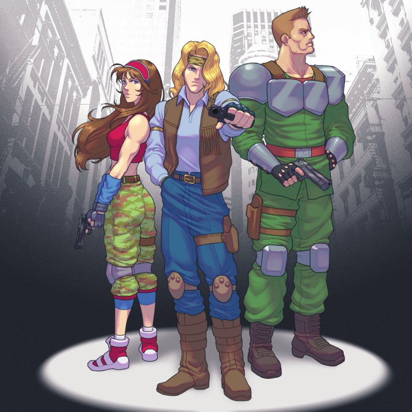 2boys aiming aiming_at_viewer ass bandana belt blonde_hair body_armor boots breasts brown_hair building camouflage character_request cityscape commentary_request edie_burret elevator_action_returns fingerless_gloves gloves gun handgun headgear highres holster jiggeh knee_pads long_hair looking_at_viewer looking_back manly medium_breasts mercenary military military_uniform multiple_boys muscular muscular_female official_style shoes short_hair size_difference sneakers taito vest weapon