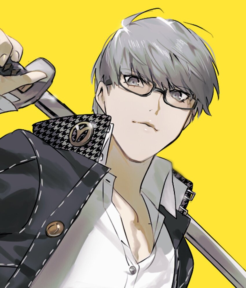 1boy black_jacket buttons close-up closed_mouth collarbone collared_shirt commentary_request glasses grey_eyes grey_hair highres holding holding_sword holding_weapon jacket katana long_sleeves looking_at_viewer male_focus narukami_yu open_clothes open_jacket over_shoulder persona persona_4 prsnmikuro school_uniform shirt short_hair solo sword upper_body weapon white_shirt yasogami_school_uniform yellow_background